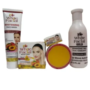 A complete set of White Facial products including whitening face wash, beauty cream, gold skin polish, and cleansing lotion